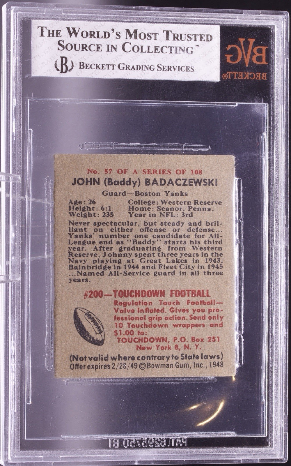 1948 Bowman Football #57 John Badaczewski SP Short Print RC BVG 6 EX-MT Rare