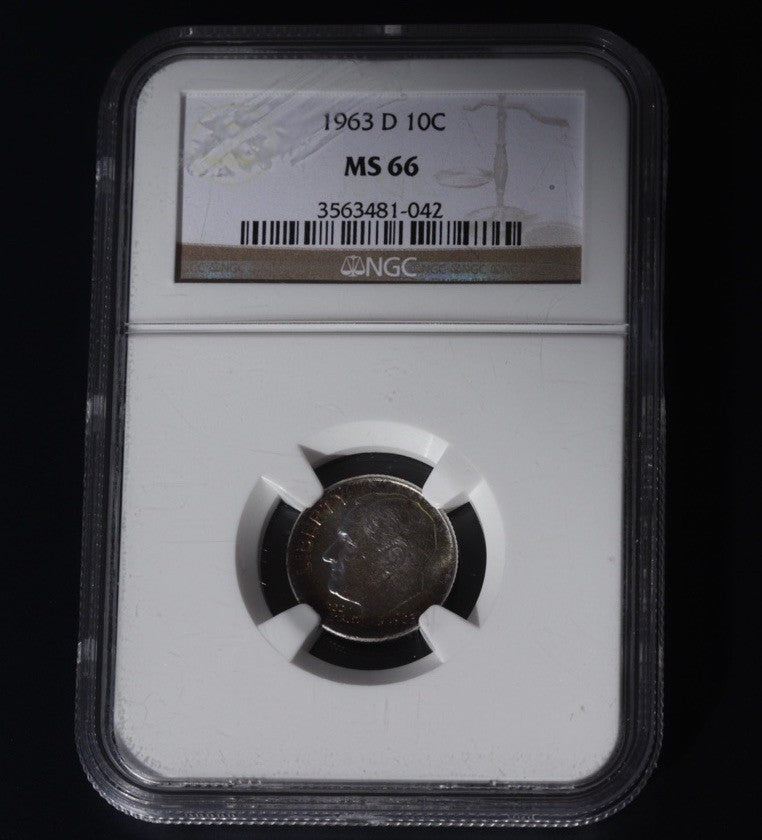1963-D Roosevelt Dime MS66 NGC • Rims Toned in Fire Red & Golden Hues • Gem BU