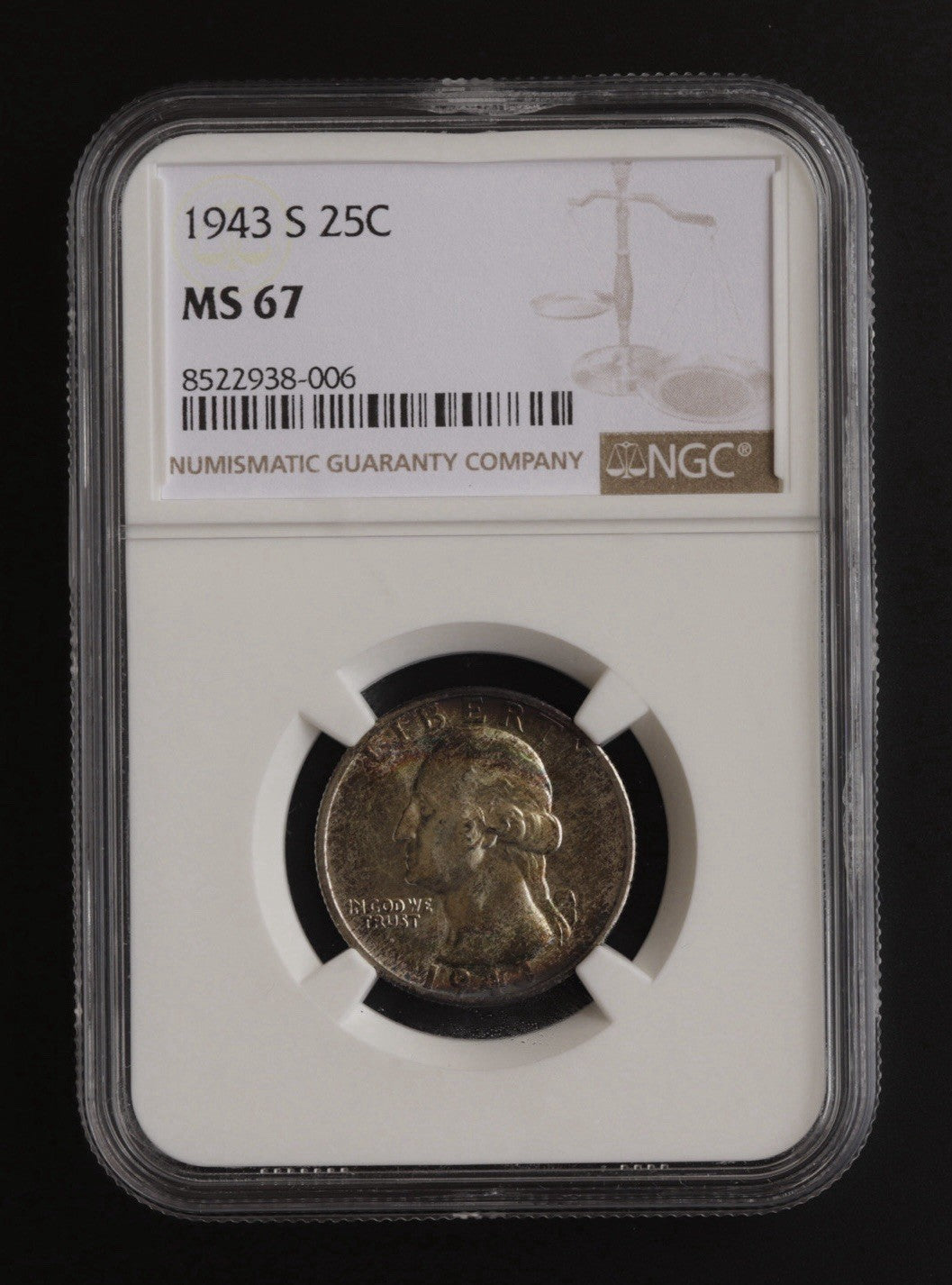 1943-S Washington Quarter NGC MS67 • WWII Silver Era Deep Red Rainbow Patina