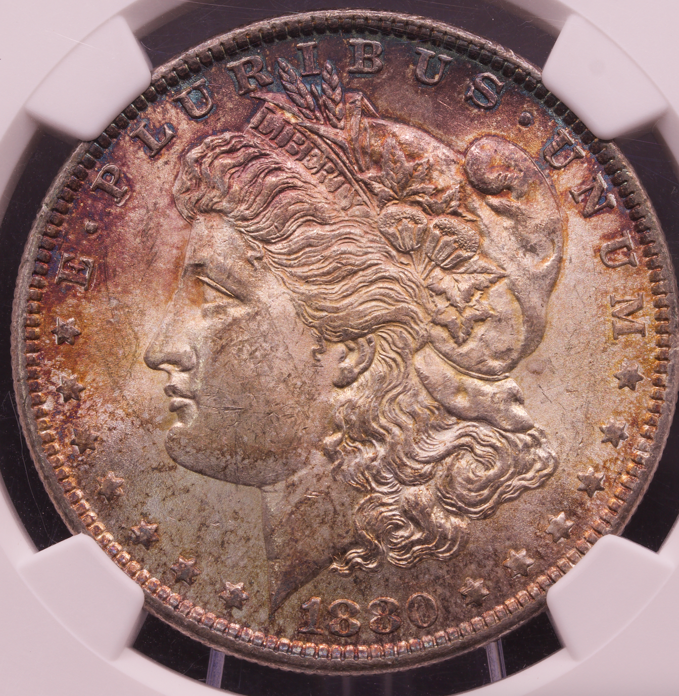 1880-O Morgan Silver Dollar NGC MS61 Orange Blue Toned New Orleans Mint $1 Coin