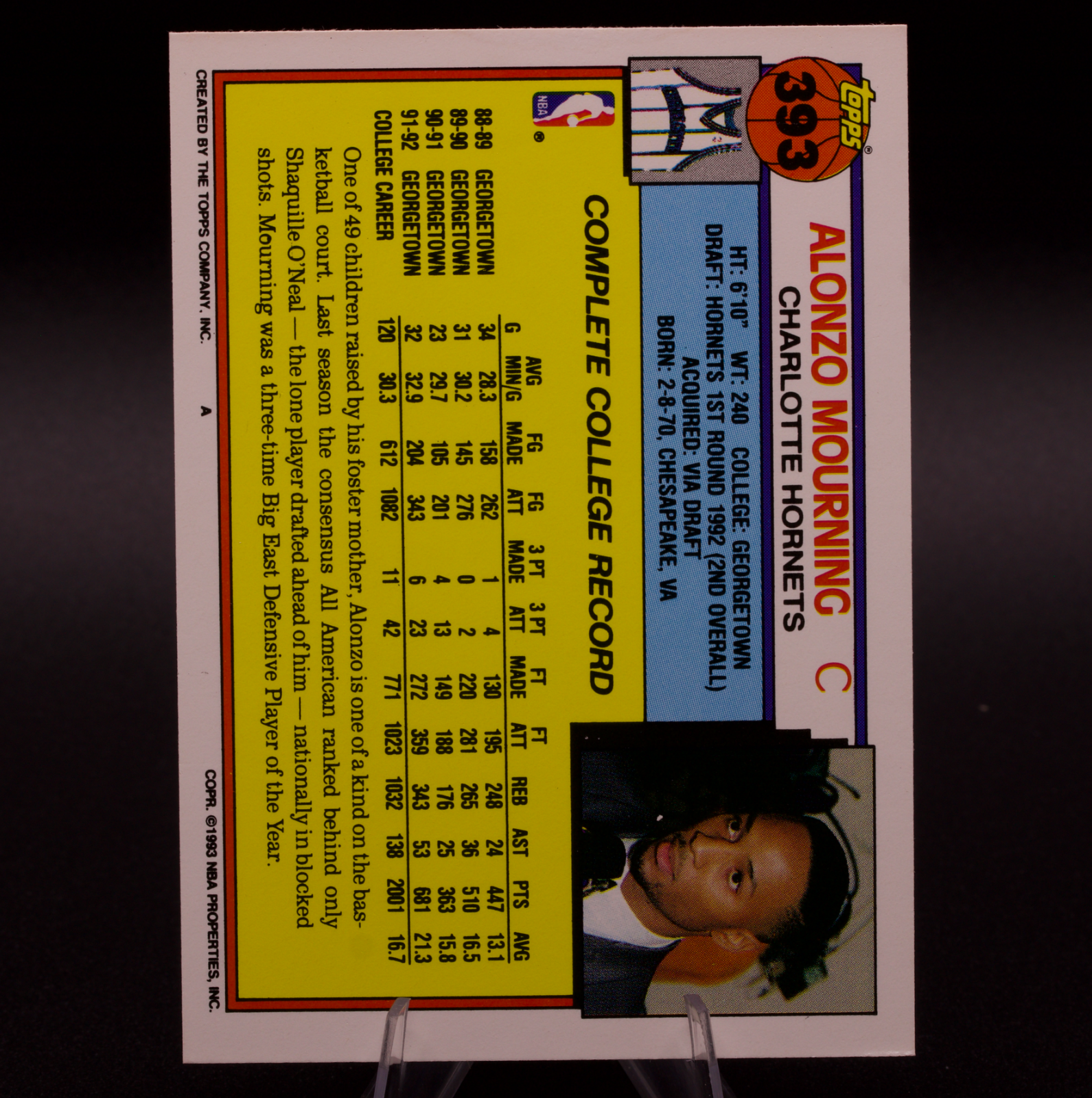 1992-93 Topps Alonzo Mourning #393 Rookie RC Draft Pick Charlotte Hornets HOF