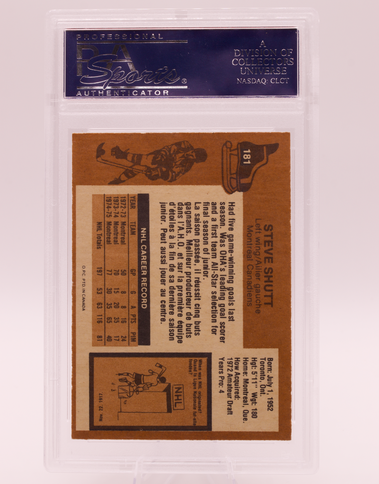 1975 O-Pee-Chee #181 Steve Shutt PSA 8 NM-MT Montreal Canadiens HOF Hockey OPC