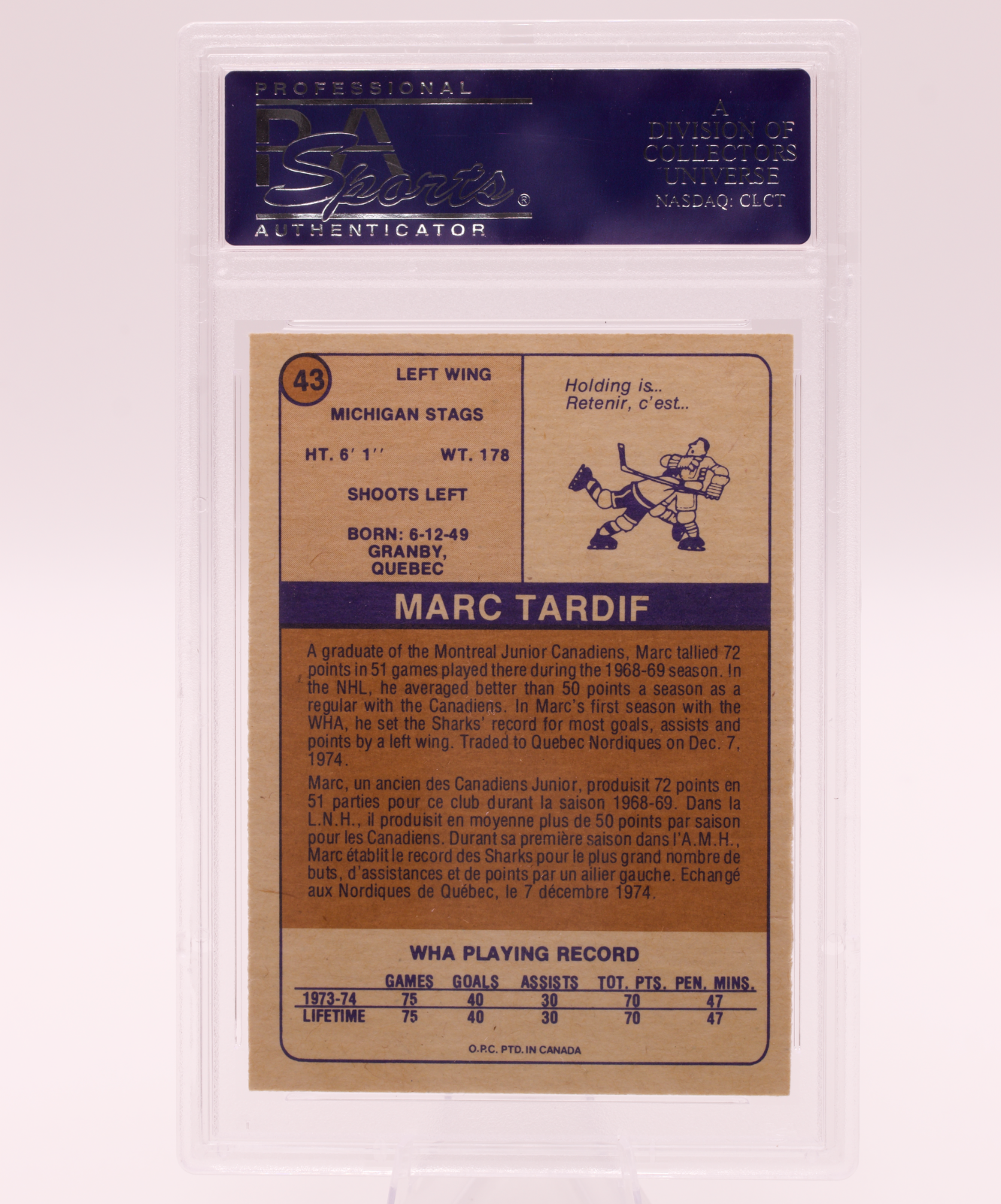 1974 O-Pee-Chee WHA Marc Tardif #43 PSA 8 NM-MT Michigan Stags Vintage OPC