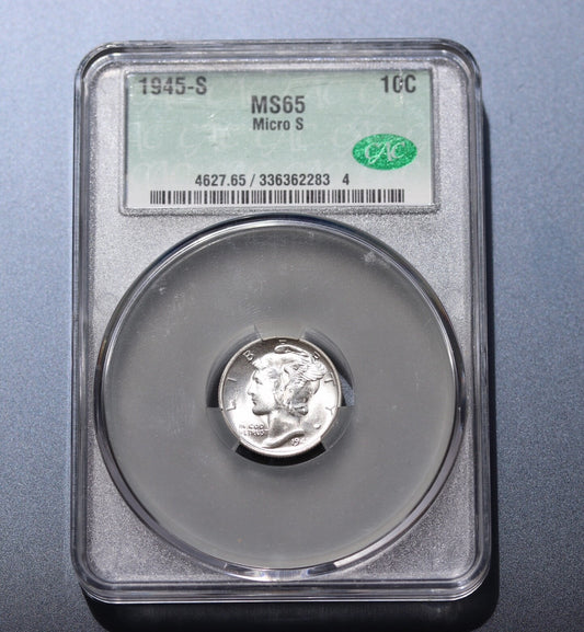 1945-S Mercury Dime Micro S 10C CAC MS65 Gem WWII San Fran