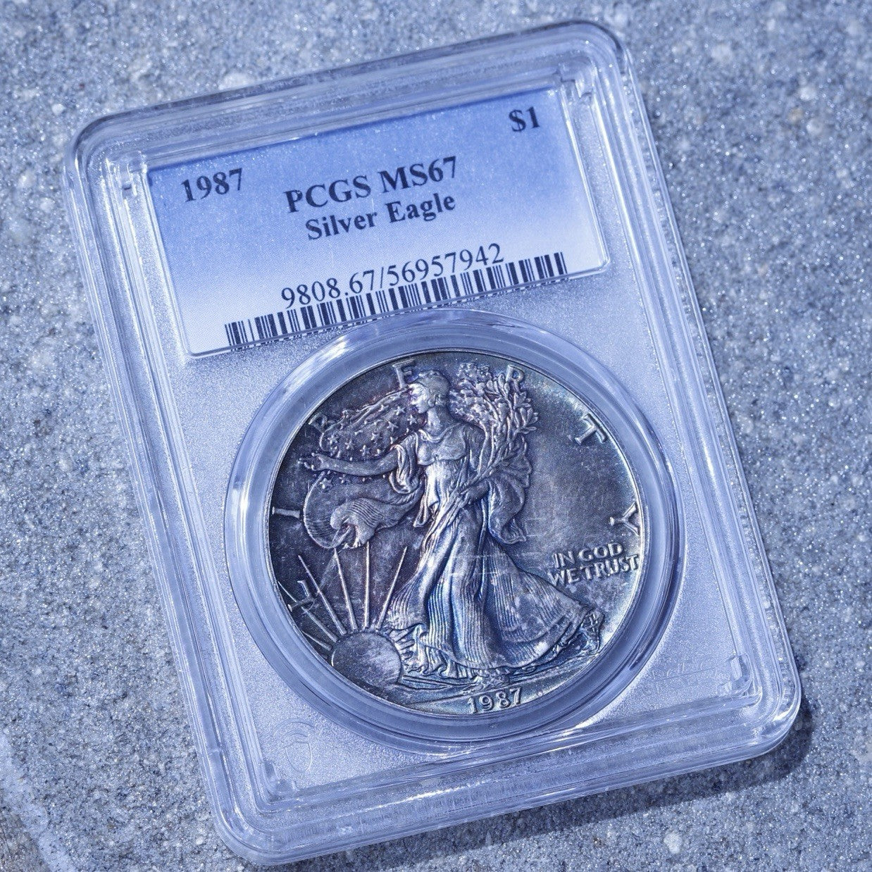 1987 Silver Eagle PCGS MS67 • Monster Toning • Blue Green Copper Color