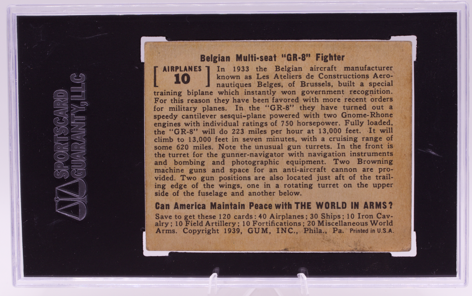 1939 Gum Inc World In Arms #10 Belgian Multi-Seat GR-8 Fighter SGC 3 VG WWII