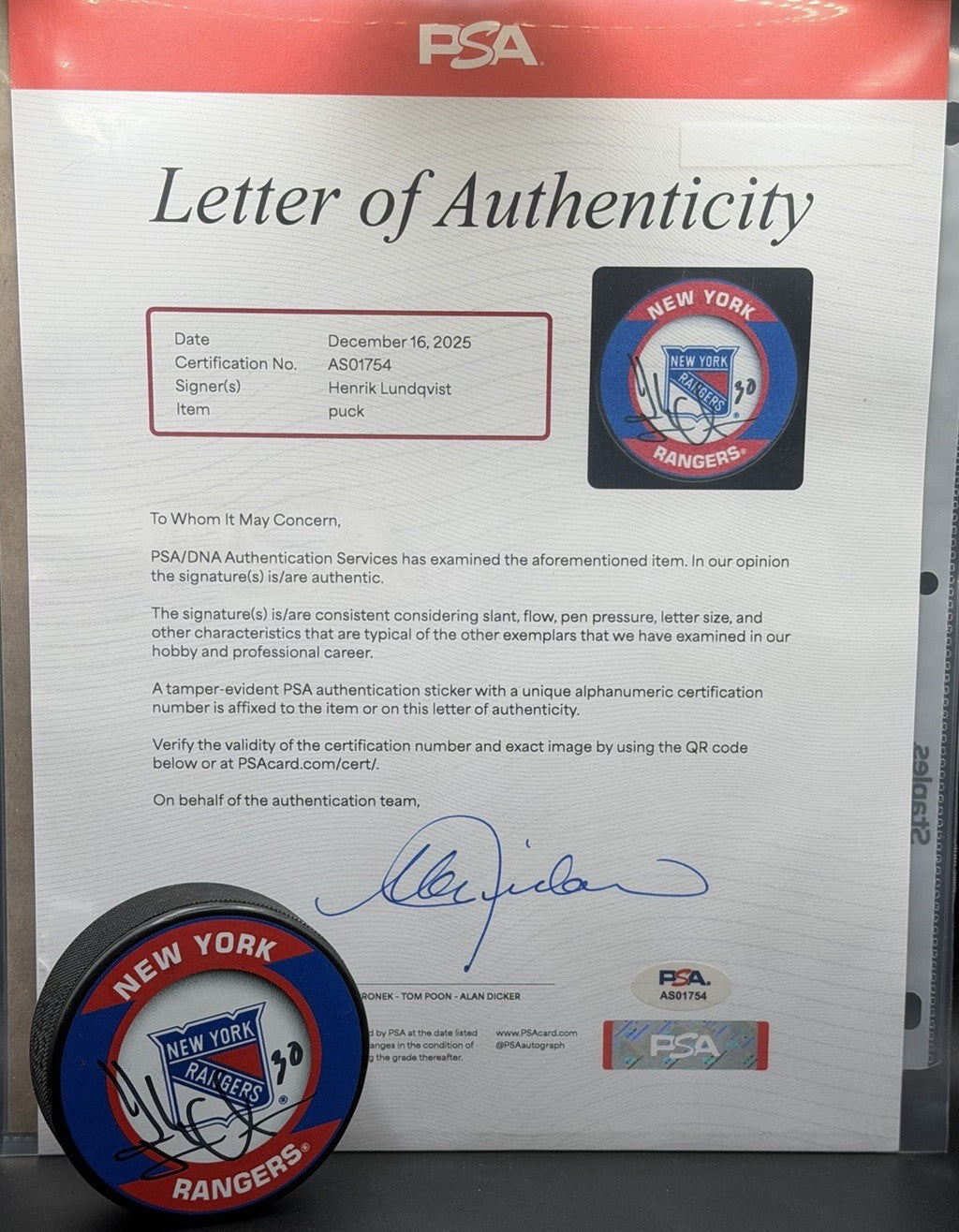 Henrik Lundqvist Signed NY Rangers Puck PSA DNA LOA Autograph - 30  HOF