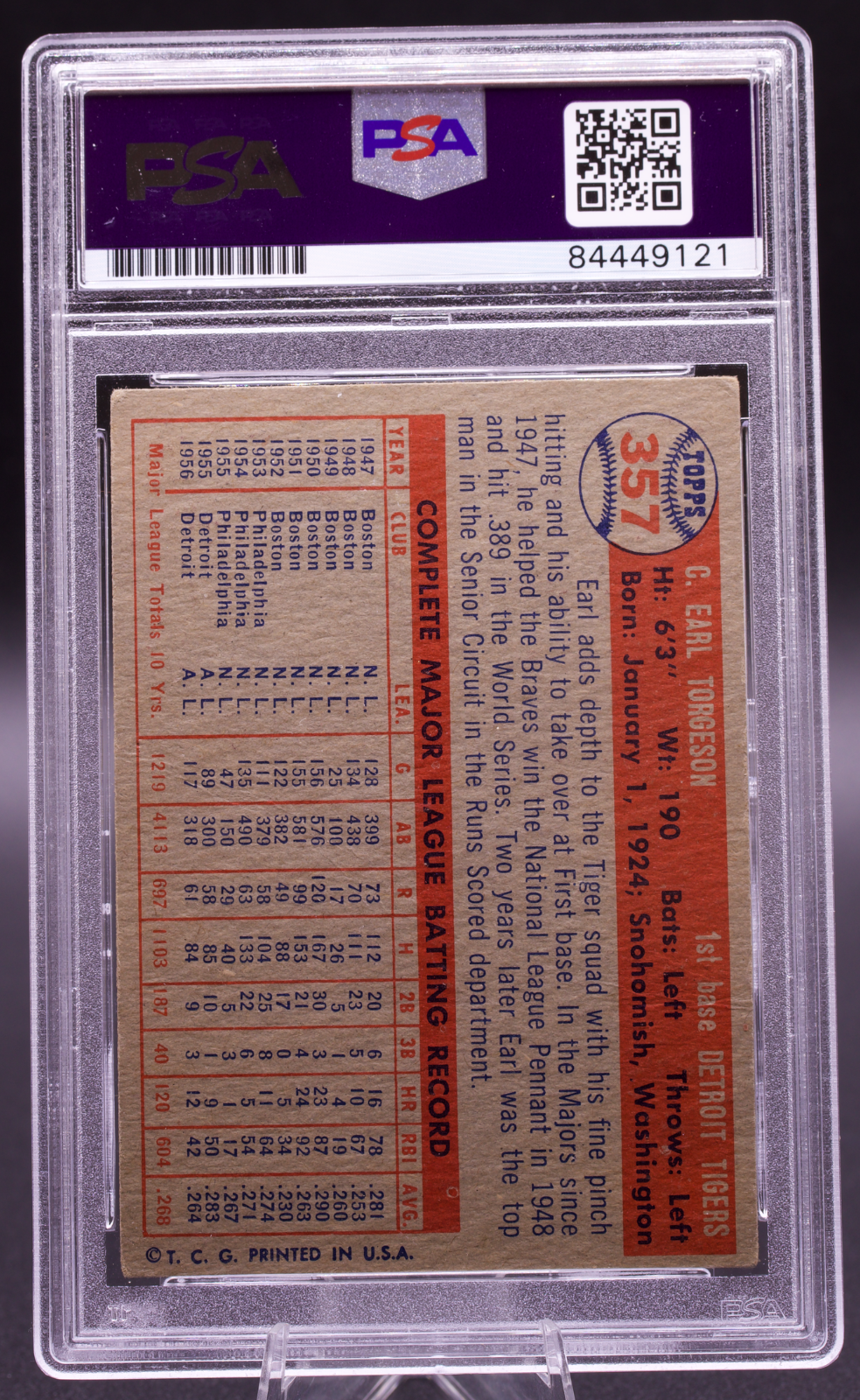 1957 Topps Earl Torgeson #357 PSA Authentic Auto Signed Detroit Tigers Vintage