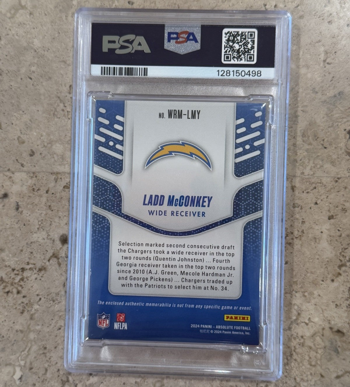 2024 Panini Absolute #WRM-LMY Ladd McConkey NFLPA Logo Patch 1/1 PSA 5 RC