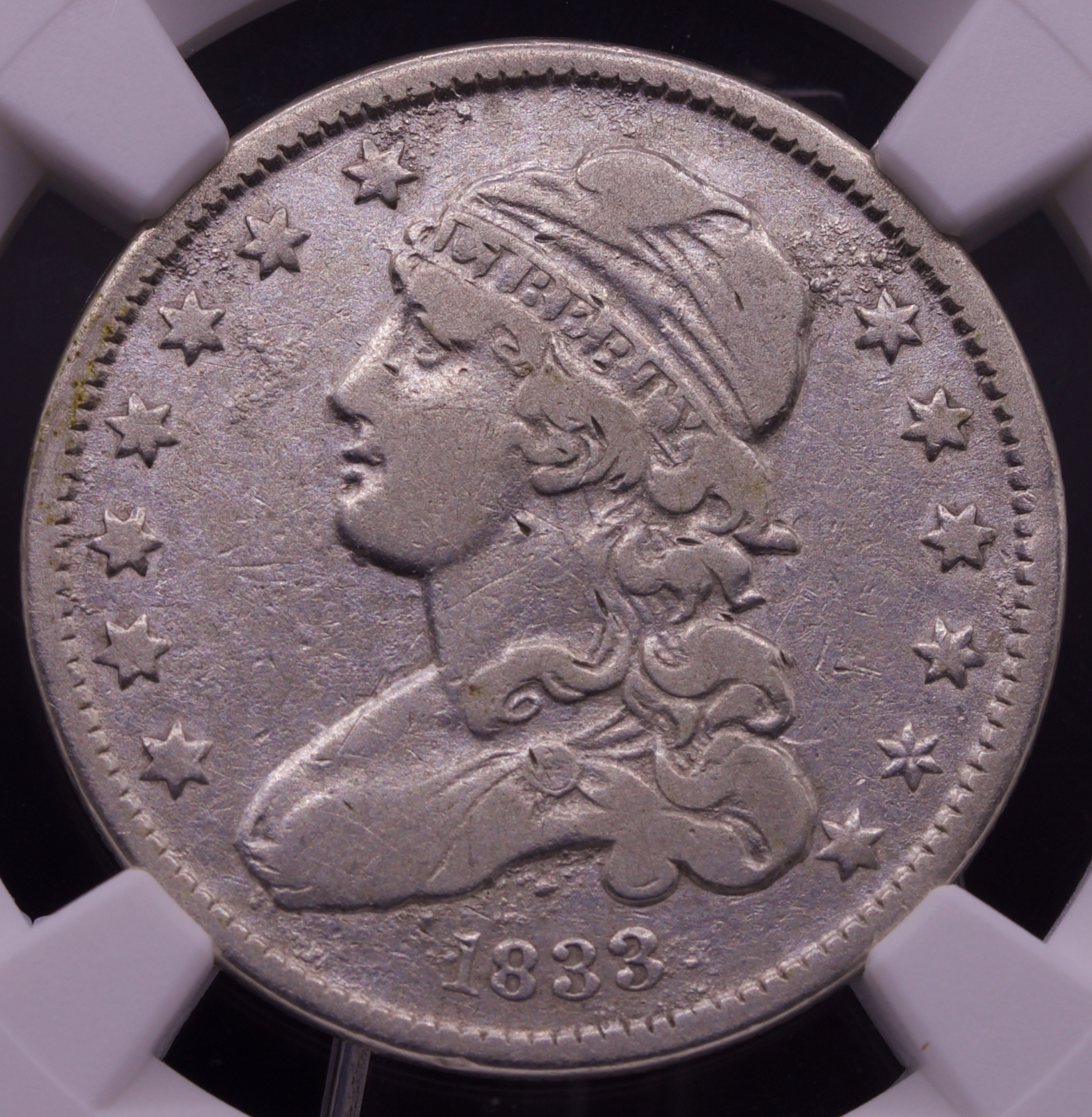 1833 Capped Bust Quarter 25C NGC VF Details Obverse Damage Silver Coin