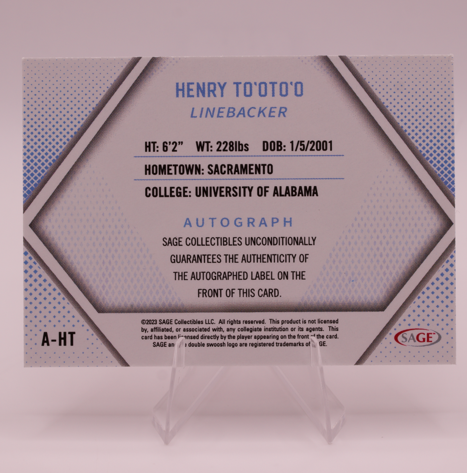 2023 SAGE Henry To'oTo'o Auto A-HT Alabama Crimson Tide Texans LB Autograph