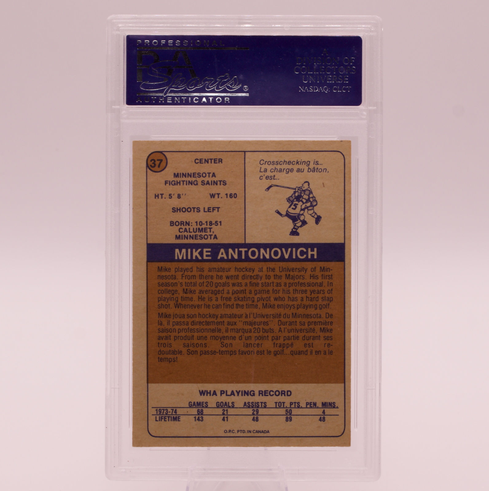 1974 O-Pee-Chee WHA Mike Antonovich #37 PSA 8 NM-MT Minnesota Fighting Saints