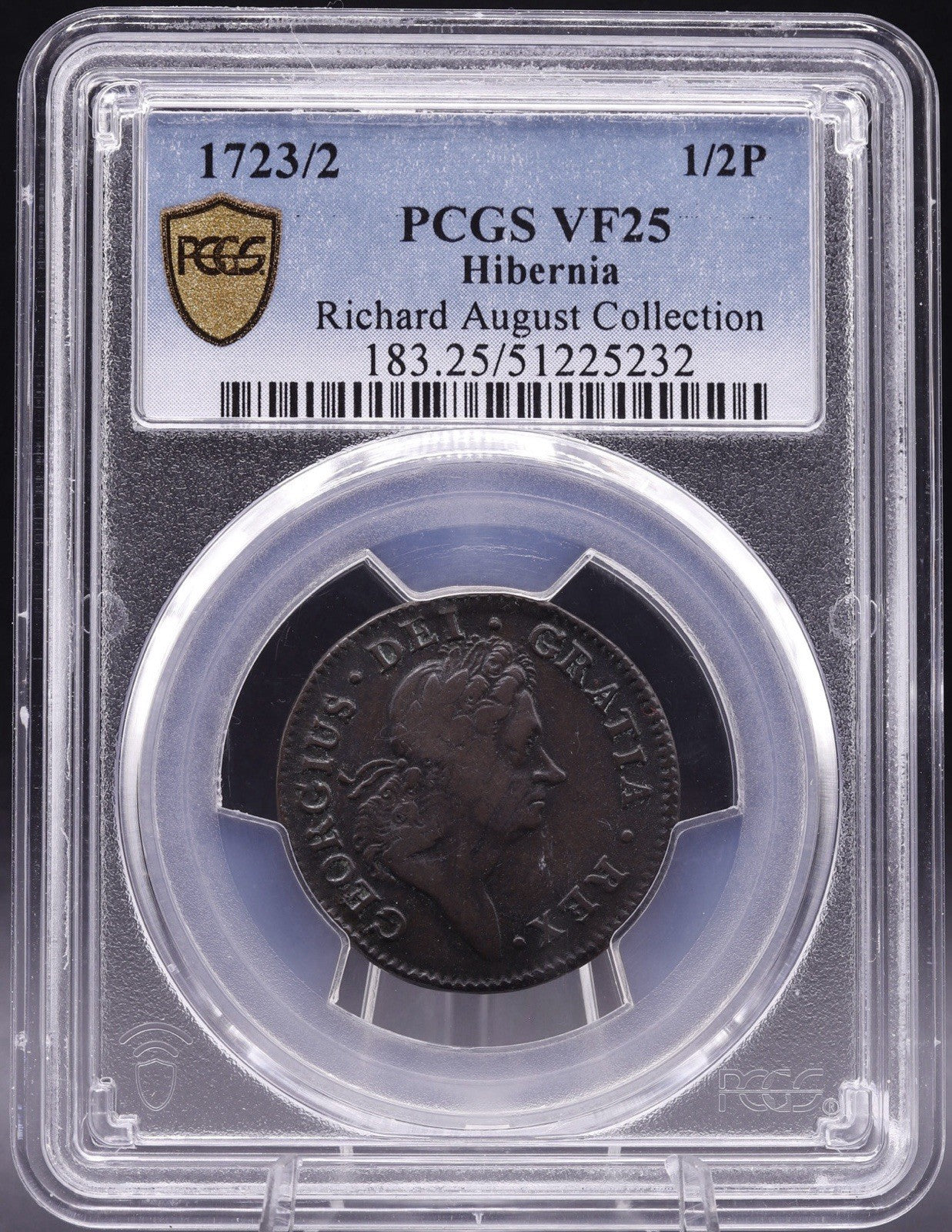 1723/2 Woods Hibernia Halfpenny PCGS VF25 Richard August Collection Colonial