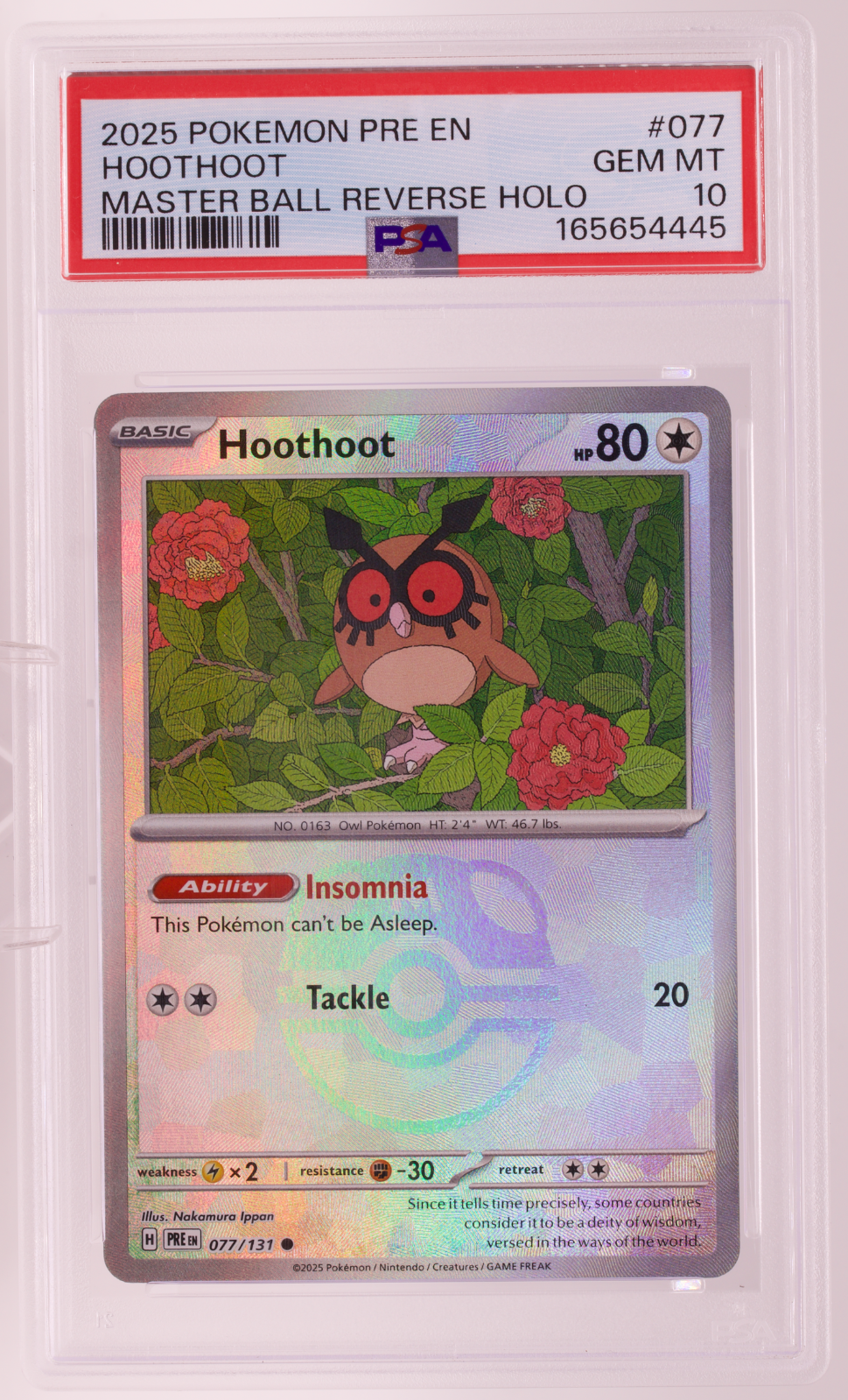 2025 Pokemon Prismatic Evolutions Hoothoot 077/131 Master Ball Reverse PSA 10