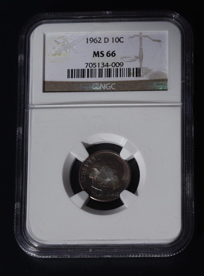 1962-D Roosevelt Dime MS66 NGC • Rainbow Toned Gem • Blue, Rose & Gold Glow