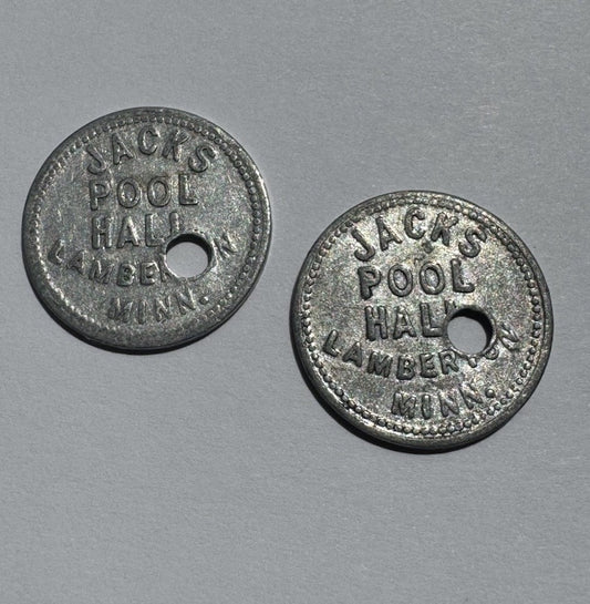2x Jack’s Pool Hall Lamberton MN 5¢ Trade Token Aluminum Holed Bar Coin Vintage