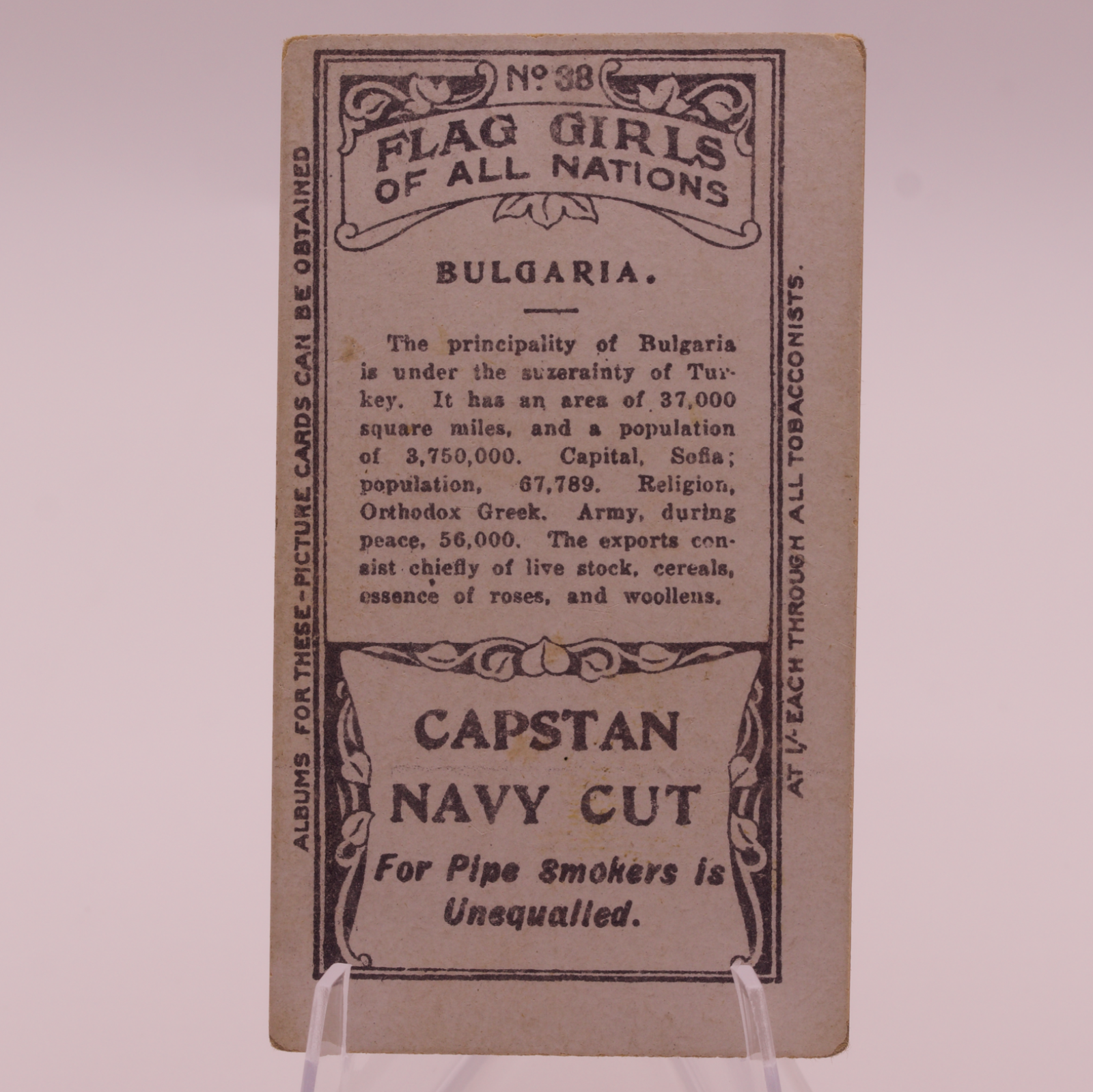 1908 Wills Flag Girls of All Nations #38 BULGARIA Capstan Navy Cut Tobacco Card
