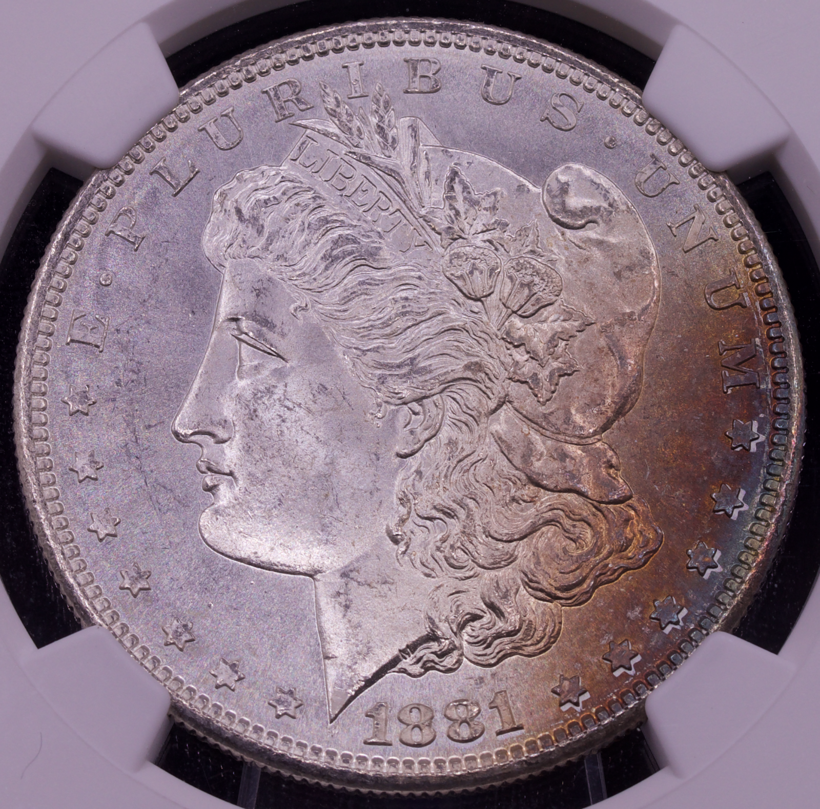 1881-S Morgan Dollar NGC MS64 Blast White Obverse Rainbow Rim Reverse Toned
