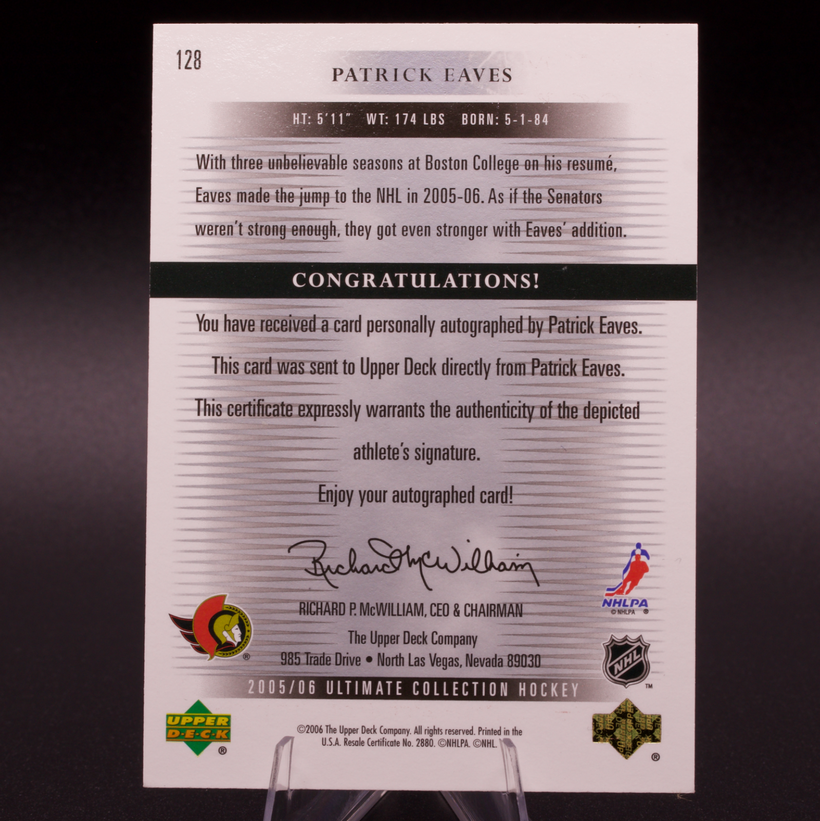 2005-06 UD Ultimate Collection Patrick Eaves Rookie Auto /399 Ottawa Senators