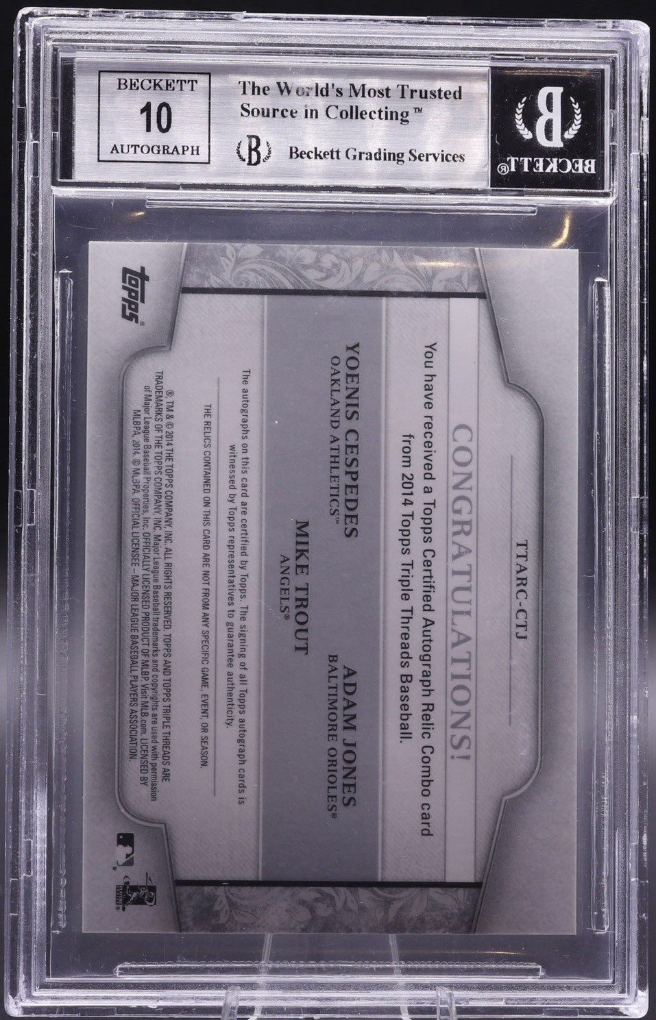 2014 Triple Threads Trout/Cespedes/Jones Auto Relic BGS 9 / Auto 10 Combo TTARC
