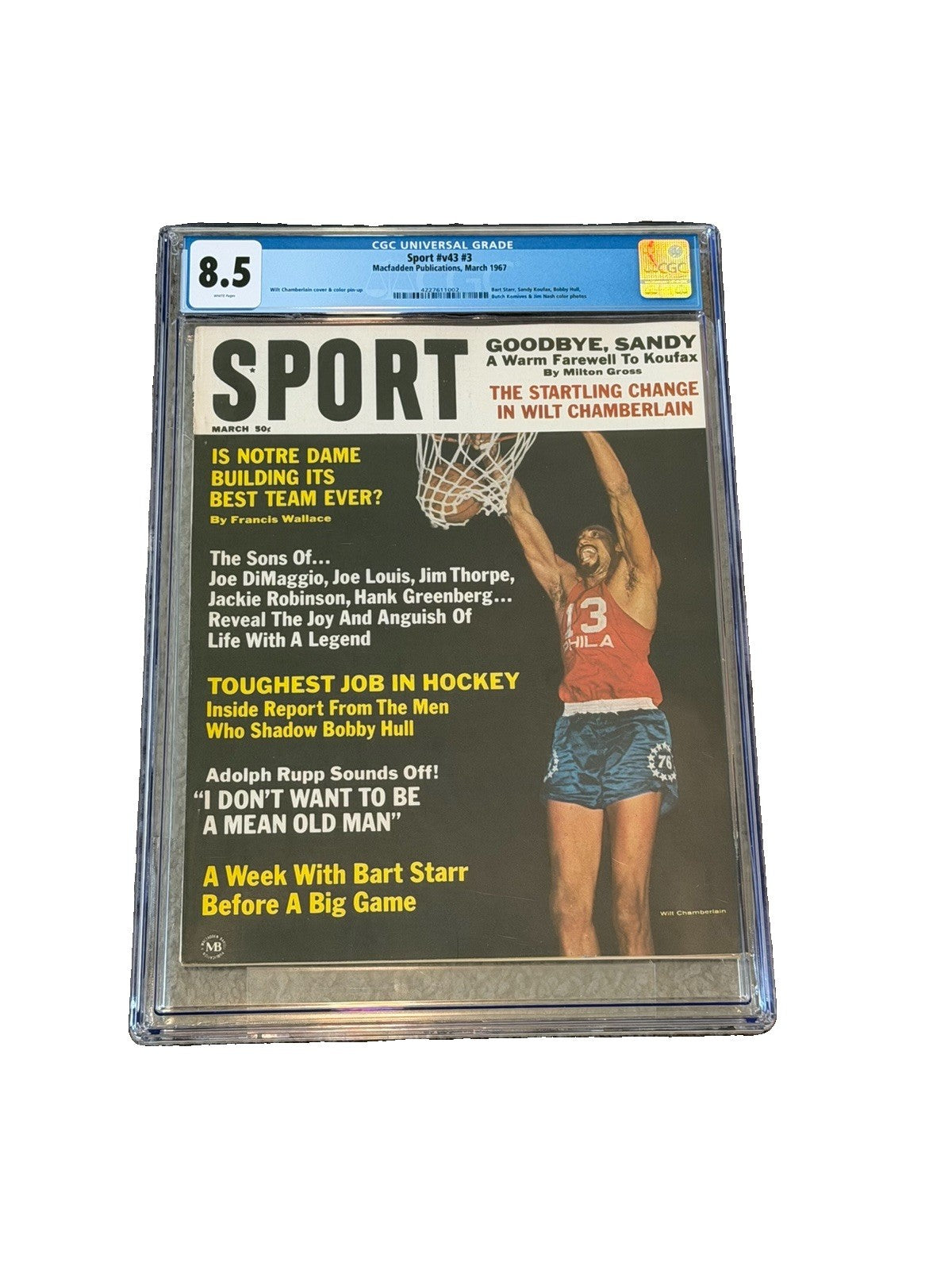 1967 SPORT Magazine March Wilt Chamberlain Cover CGC 8.5 Rare WHITE Pages