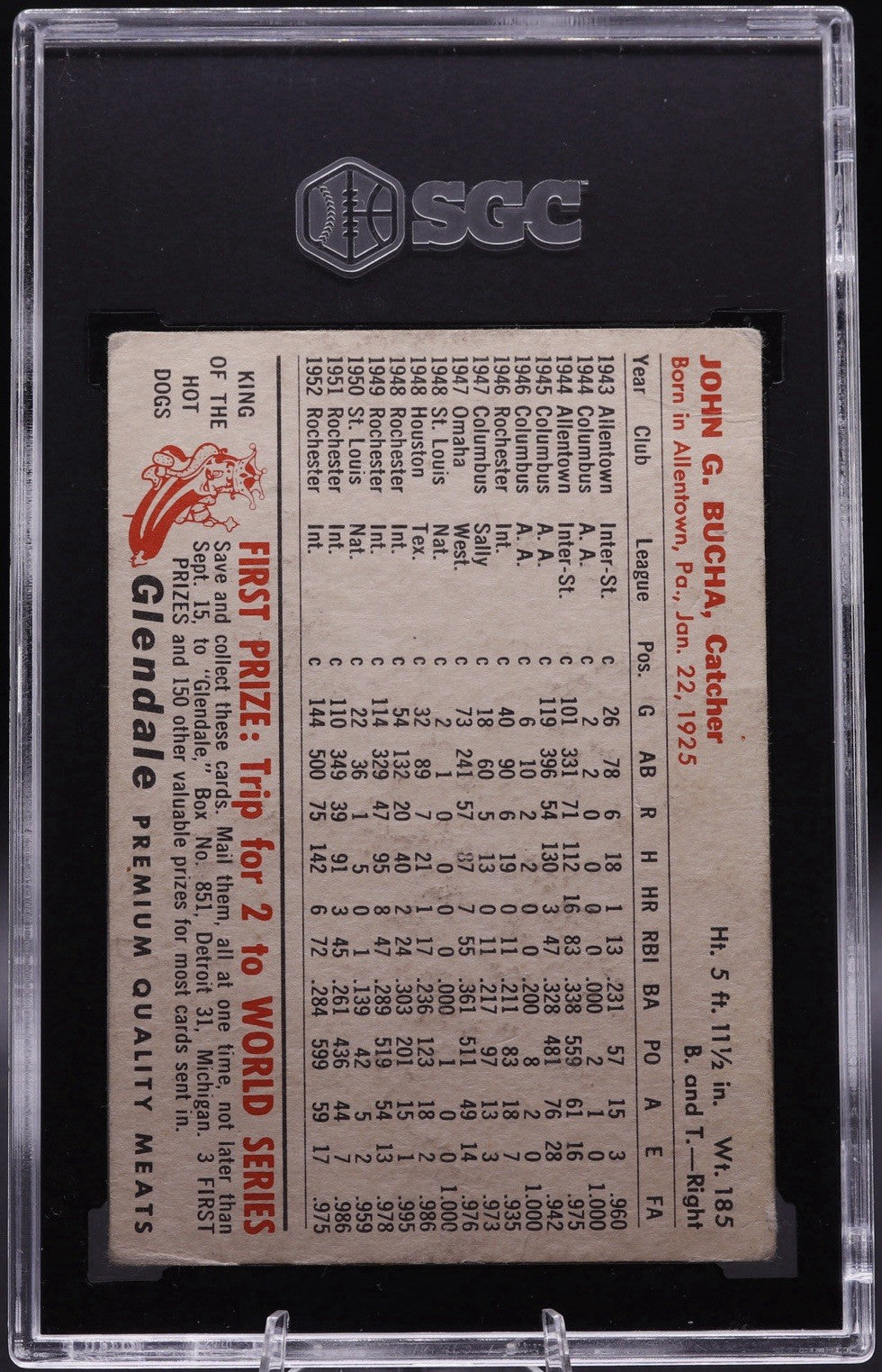 1953 Glendale Meats Johnny Bucha SGC 3 VG Very Good Vintage Detroit Tigers
