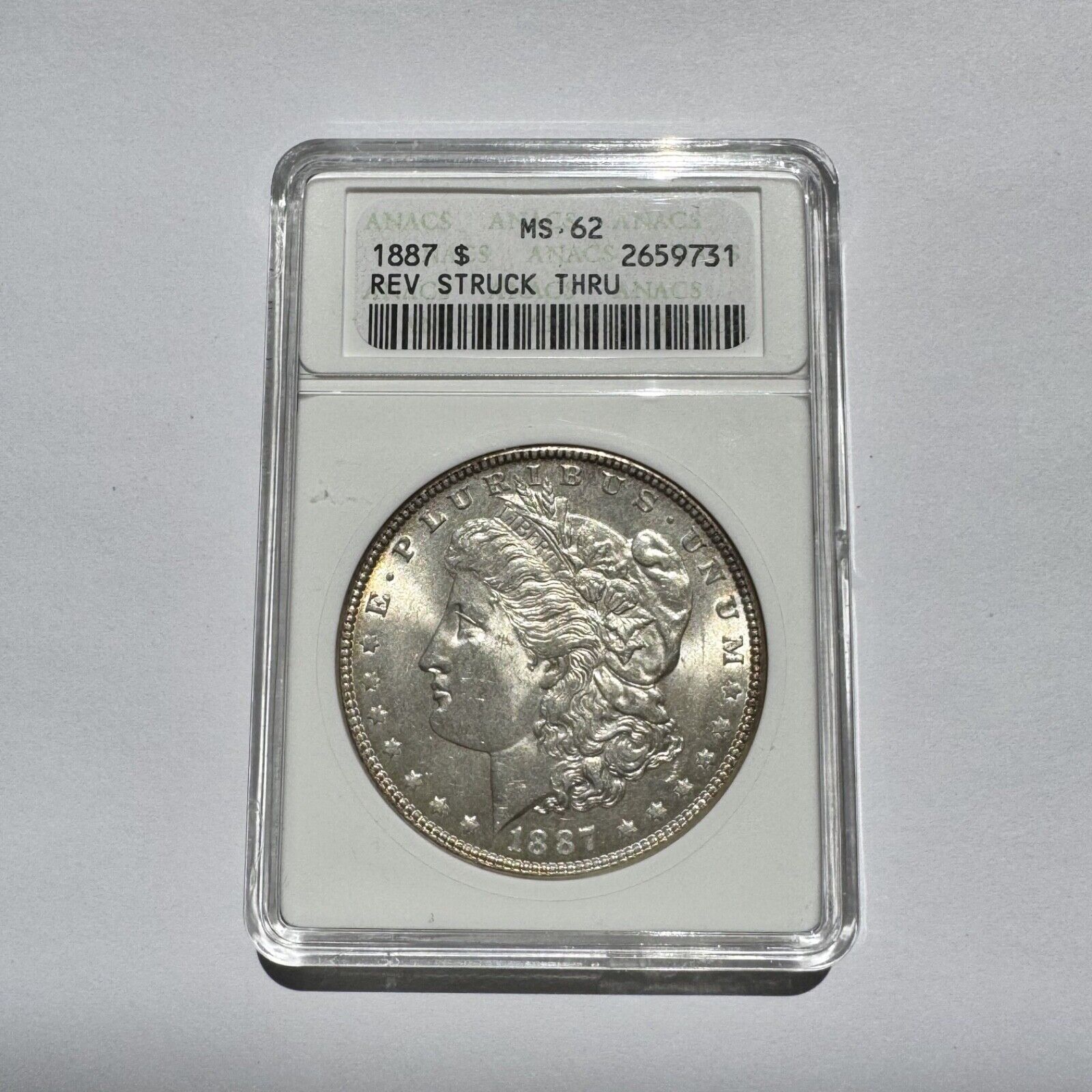 1887 Morgan Silver Dollar MS62 – MINT ERROR - Reverse Struck Thru – ANACS