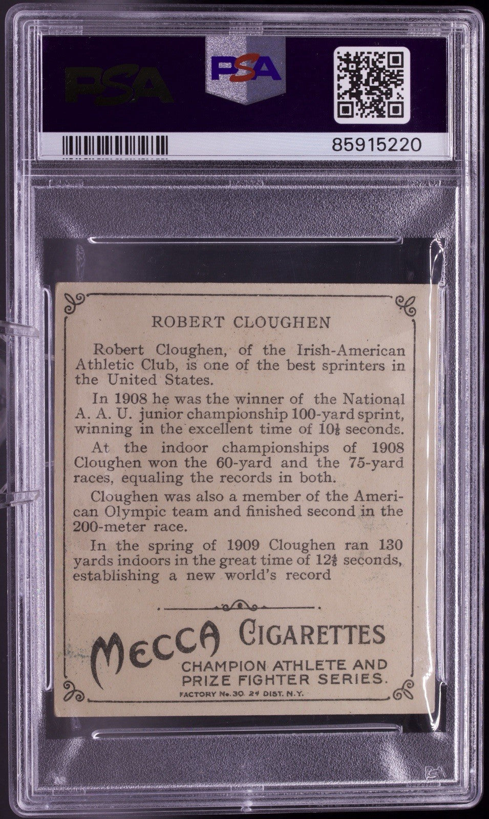1910 T218 Mecca Cigarettes Robert Cloughen (Athlete) - PSA 4 VG-EX