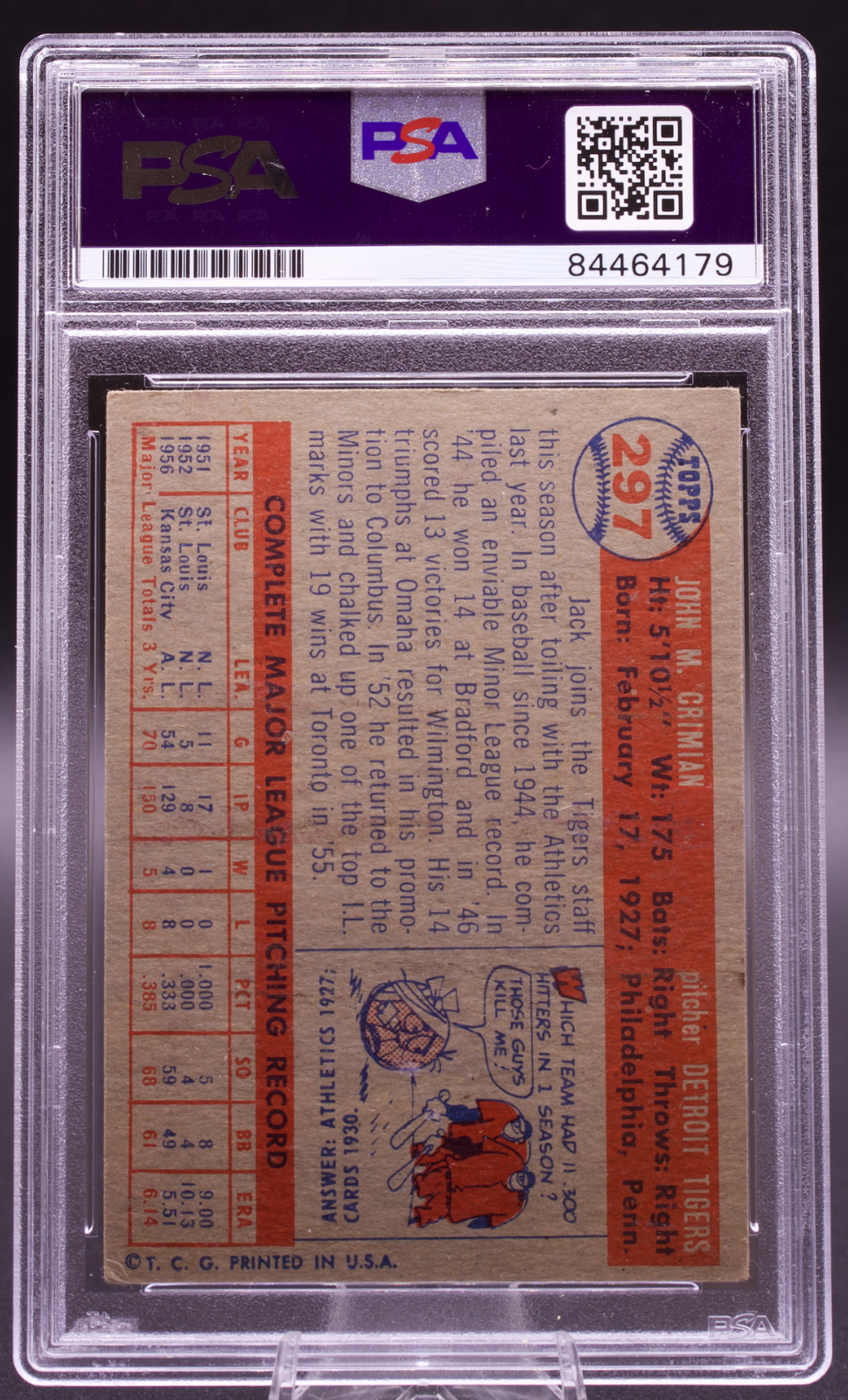 1957 Topps Jack Crimian #297 PSA Authentic Auto Signed Detroit Tigers Vintage