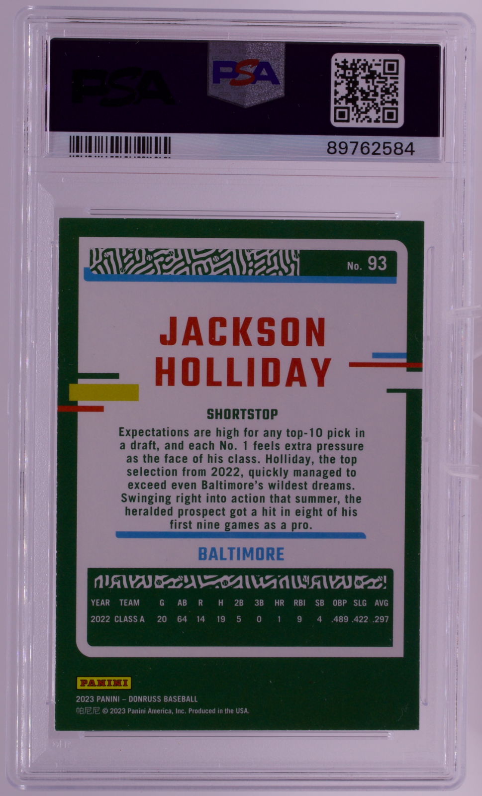 2023 Donruss #93 Jackson Holliday RC Baltimore Orioles PSA 10 GEM MT