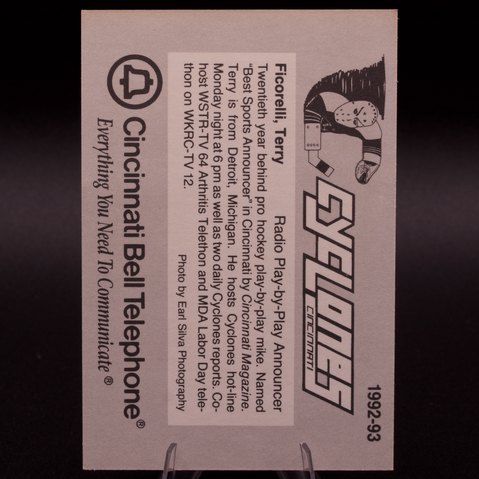 1992-93 Cincinnati Cyclones IHL Terry Ficorelli Cincinnati Bell Telephone Hockey