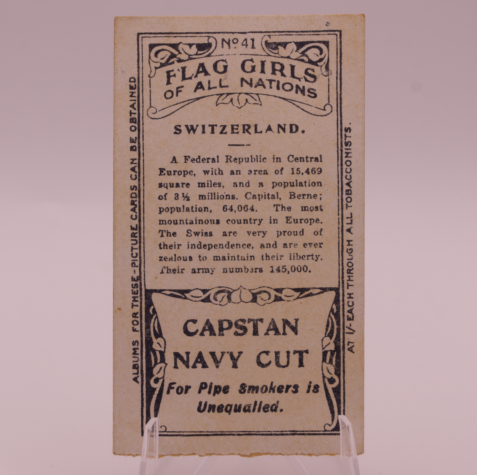 1908 Wills Capstan Flag Girls of All Nations Switzerland #41 Tobacco Card