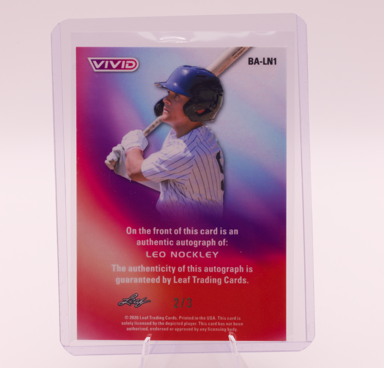 2026 Leaf Vivid Leo Nockley Auto /3 BA-LN1 Tennessee Commit 2027 Prospect Card