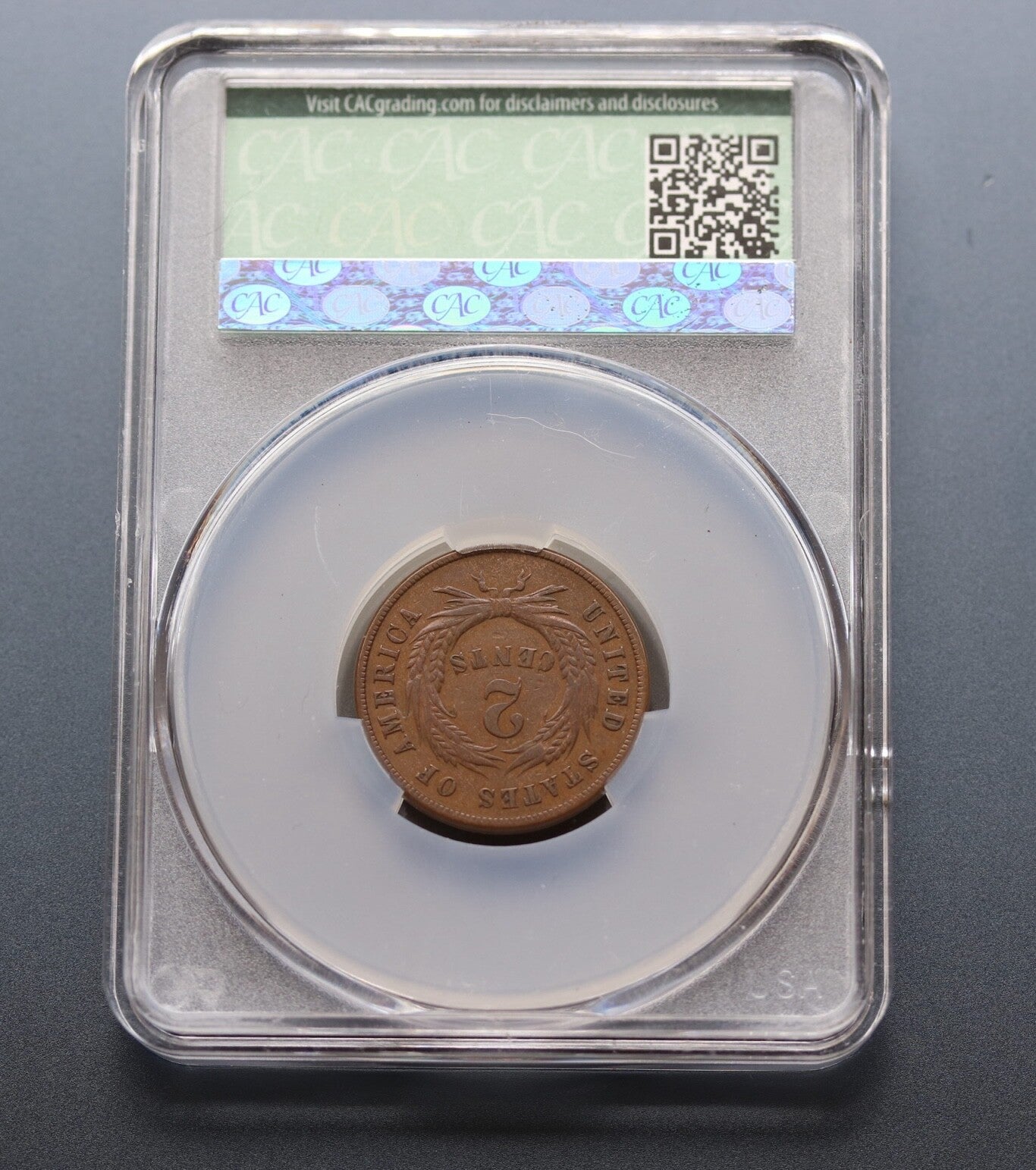 1871 2C Two-Cent Piece CAC VF30 Key Date Low Mintage Copper Coin