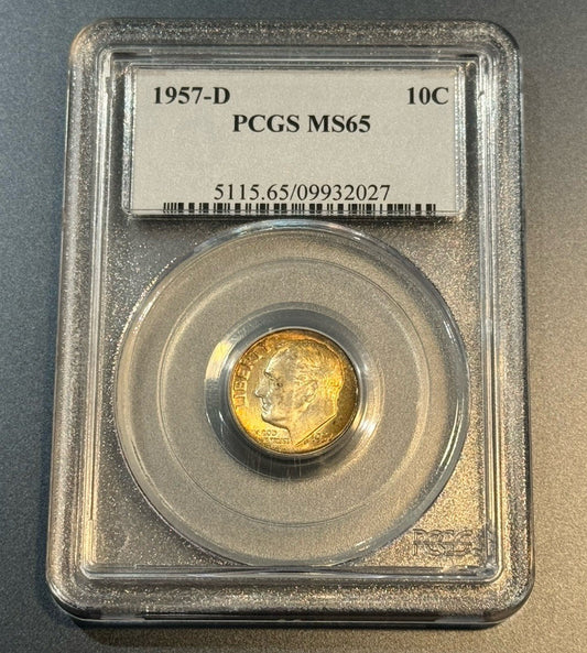 1957-D Roosevelt Dime PCGS MS65 • Golden Rim Toning • Toned 10C Coin