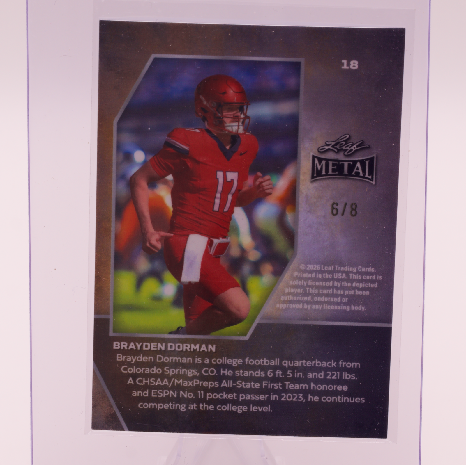 2026 Leaf Metal Brayden Dorman /8 Colorado Springs QB Vista Ridge Arizona Card