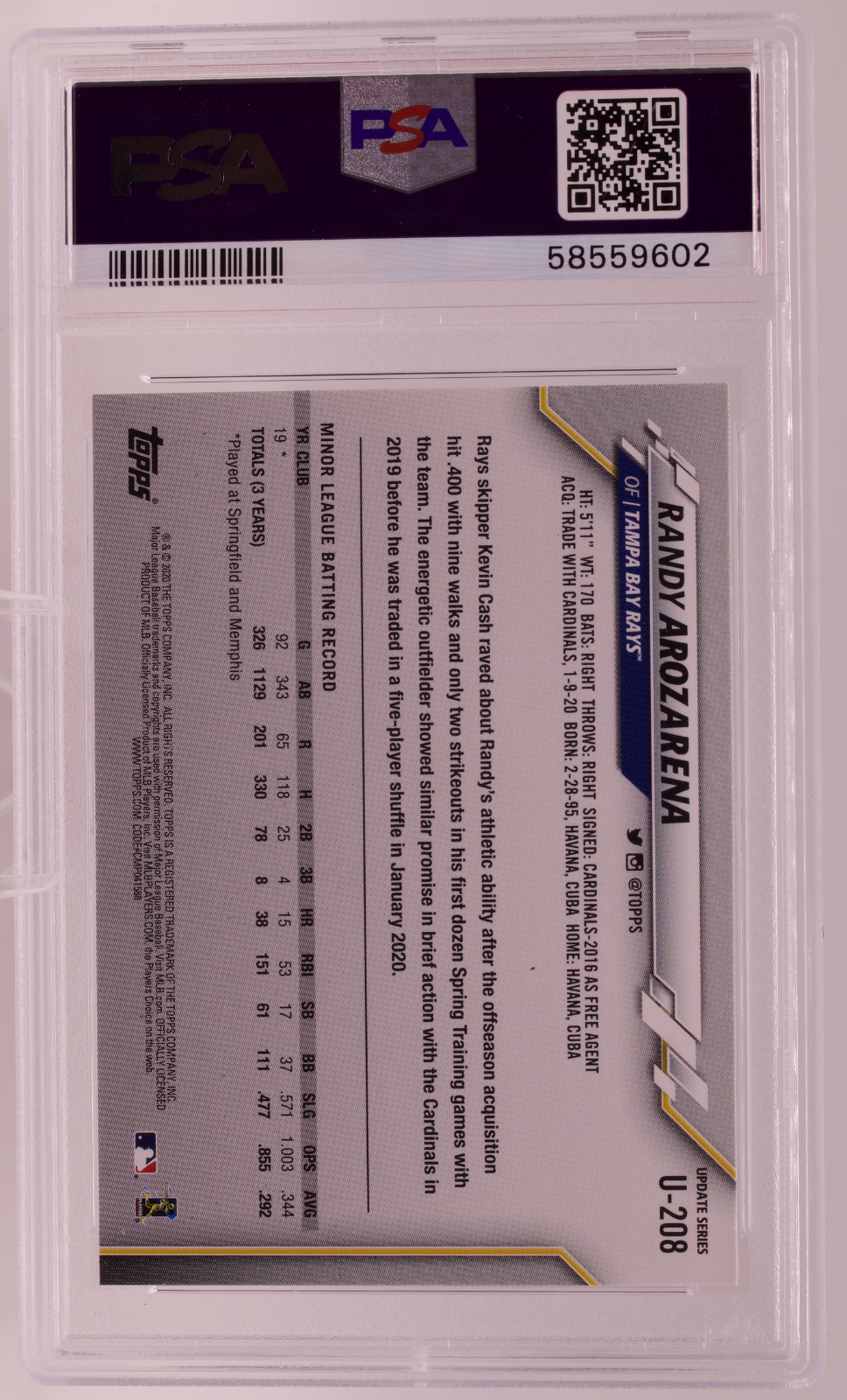 2020 Topps Update Randy Arozarena RC #U208 PSA 10 GEM MINT Tampa Bay Rays