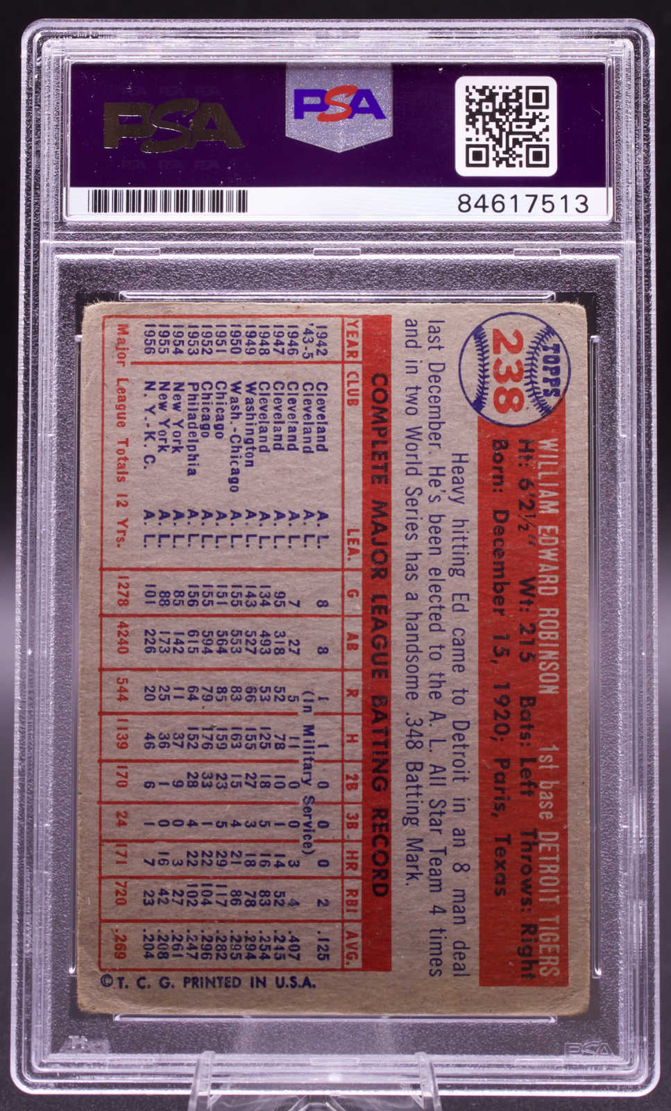 1957 Topps Eddie Robinson #238 PSA Authentic Auto Signed Detroit Tigers Vintage