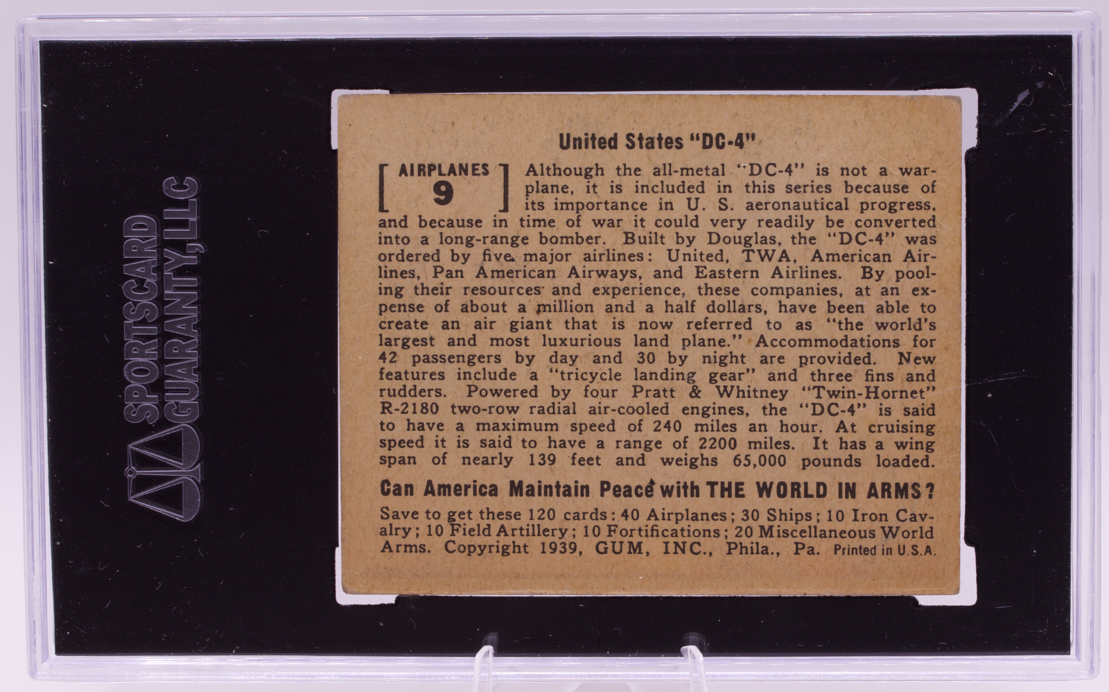 1939 Gum Inc World In Arms #9 US DC-4 Douglas Airliner SGC 3 VG Pre-War WWII