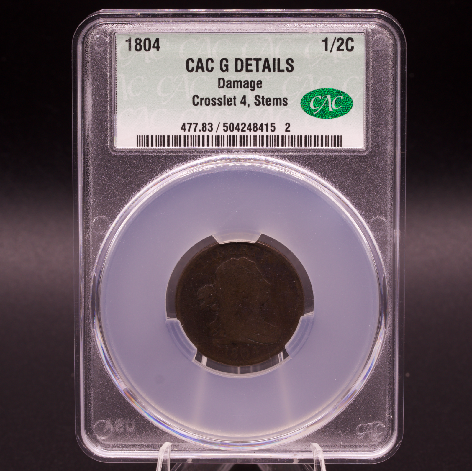 1804 Draped Bust Half Cent Crosslet 4 Stems CACG G Details Damage 1/2C Copper