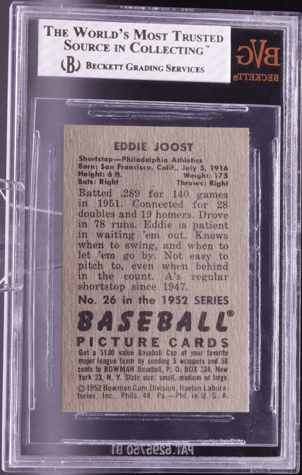 1952 Bowman BB Card # 26 Eddie Joost Philadelphia Athletics PSA 8 NM-MT