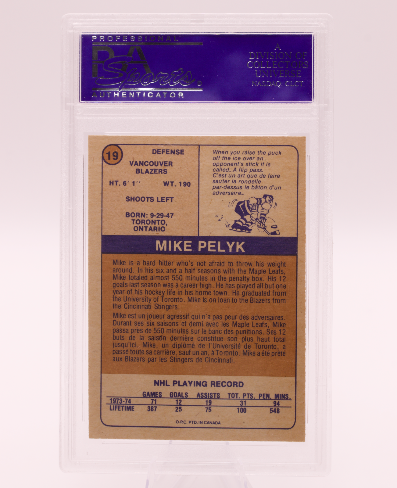 1974 O-Pee-Chee WHA Mike Pelyk #19 PSA 8 NM-MT Vancouver Blazers Vintage OPC