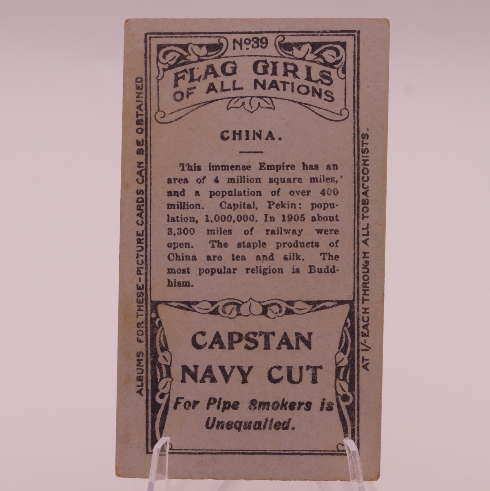 1908 Wills Flag Girls of All Nations #39 CHINA Capstan Navy Cut Tobacco Card