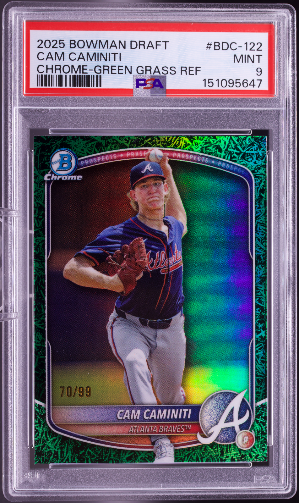 2025 Bowman Draft Chrome Cam Caminiti Green Grass Refractor PSA 9 /99 Braves
