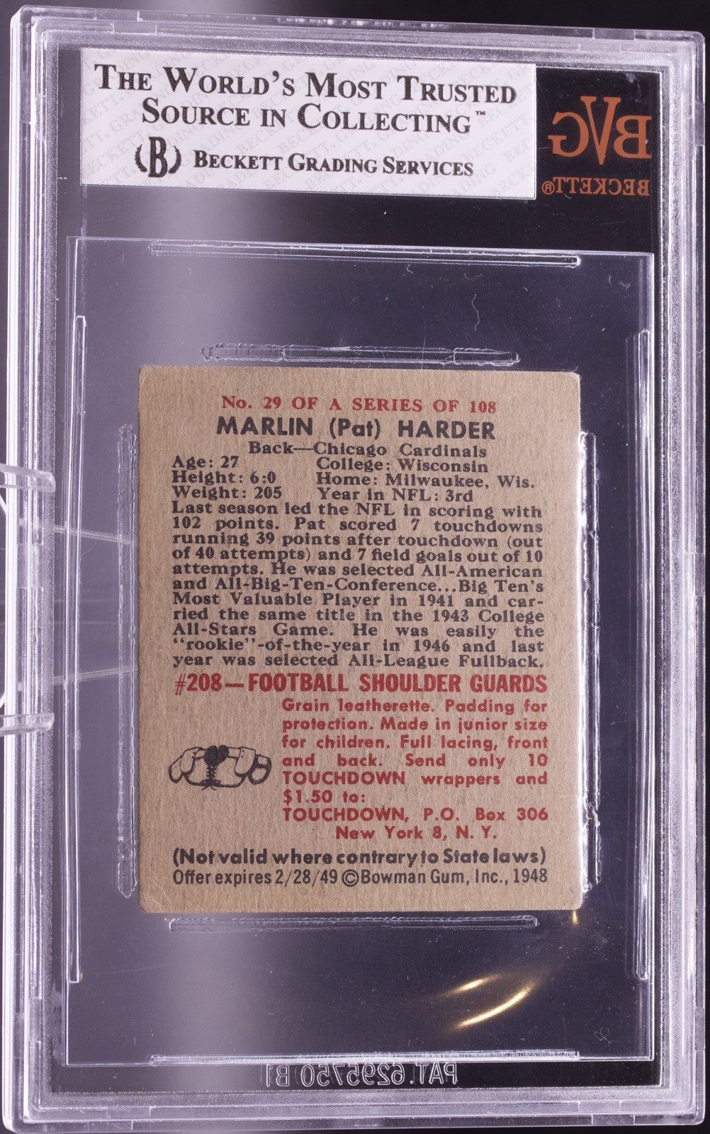 1948 Bowman Pat Harder #29 RC BVG 5 EX Chicago Cardinals NFL Scoring Champ RC