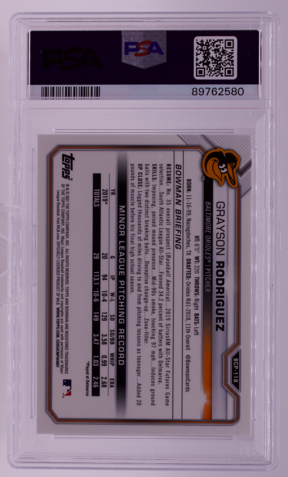 2021 Bowman Mega Box Chrome Grayson Rodriguez #BCP118 PSA 10 GEM MT