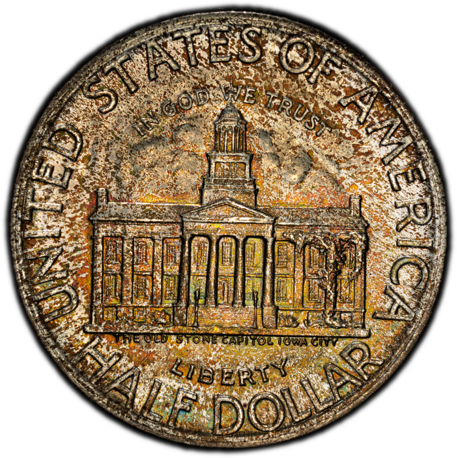 1946 Iowa Statehood Centennial Half PCGS MS67 • Original Diagonal Tab Toning