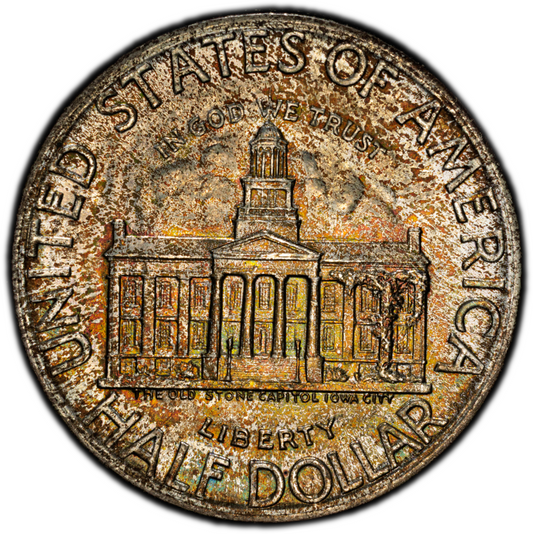 1946 Iowa Statehood Centennial Half PCGS MS67 • Original Diagonal Tab Toning