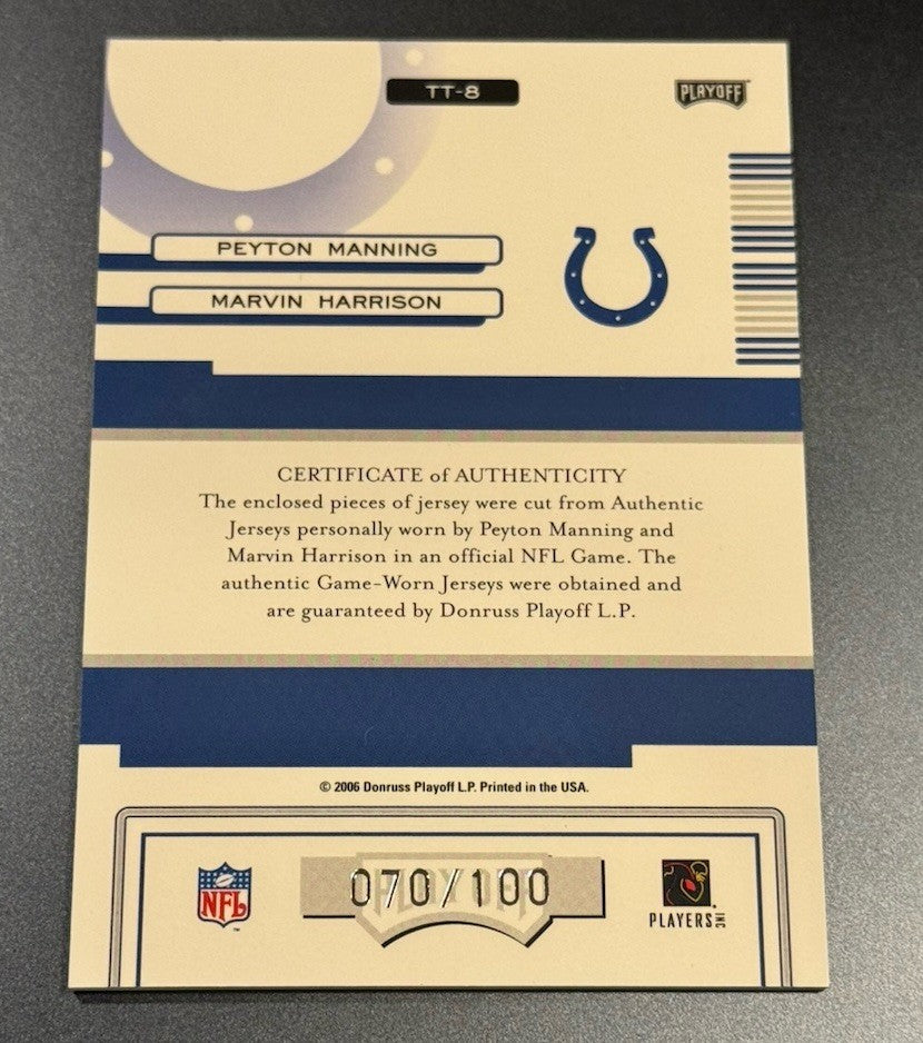 2006 Absolute Team Tandems Peyton Manning Marvin Harrison Dual Relic /100