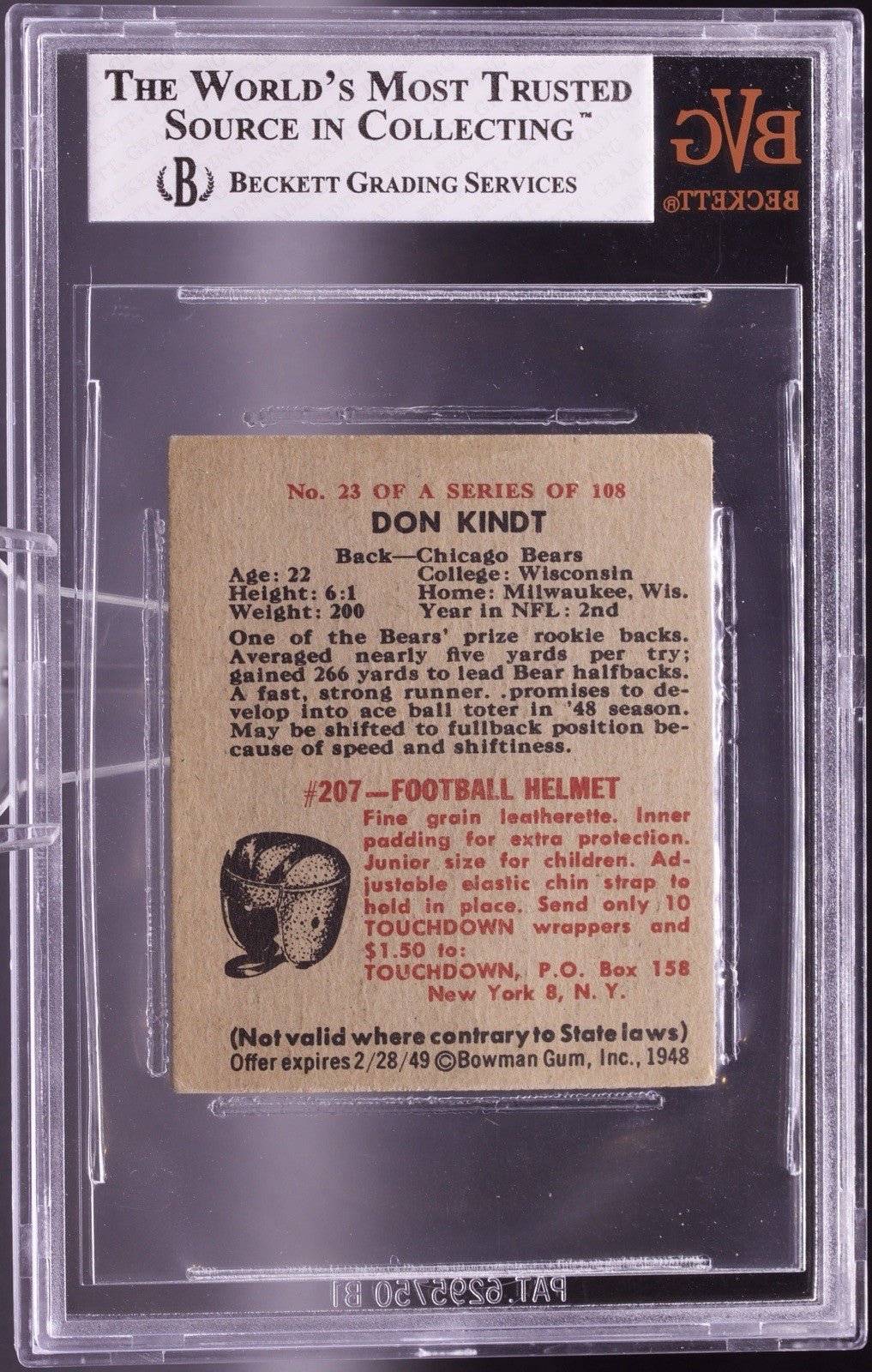 1948 Bowman Football #23 Don Kindt Rookie RC BVG 3.5 VG+ Chicago Bears Vintage